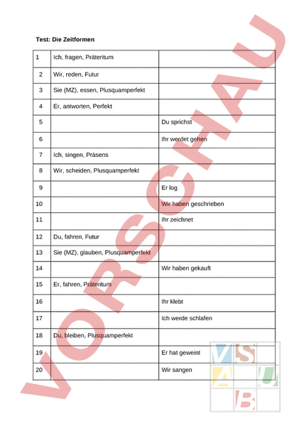 Arbeitsblatt: Test Verben Zeitformen - Deutsch - Grammatik