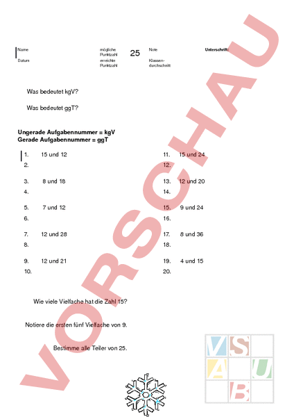 Arbeitsblatt: Lernkontrolle GgT Und KgV - Mathematik - Anderes Thema