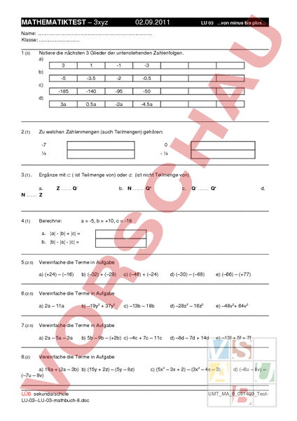 Arbeitsblatt Test Lu Lu Mathbu Ch Mathematik Gemischte