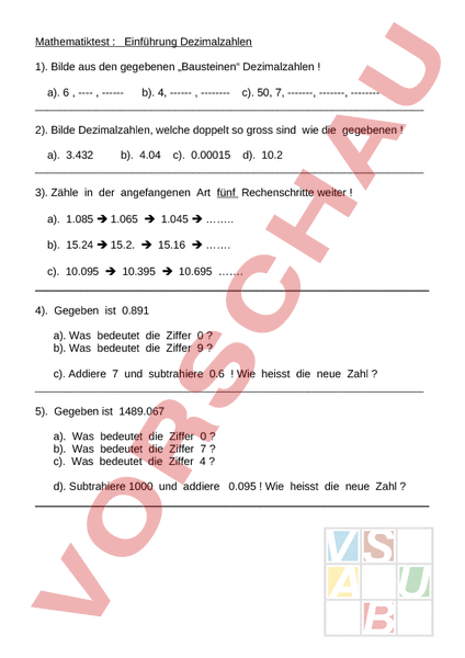 Arbeitsblatt: Dezimalzahlen - Mathematik - Brüche / Dezimalzahlen