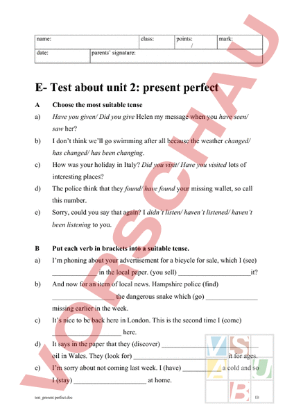 Arbeitsblatt Present Perfect
 Arbeitsblatt Present perfect Test Englisch Grammatik