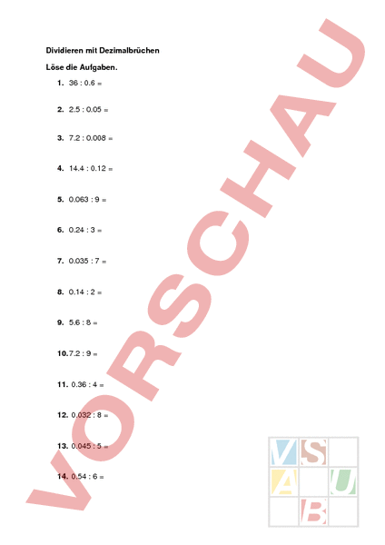 Arbeitsblatt: Dividieren Mit Dezimalzahlen - Mathematik - Division