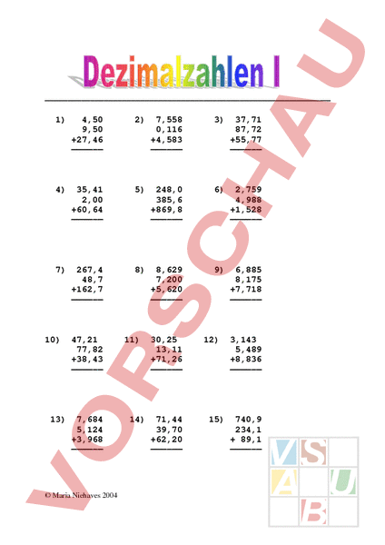 Arbeitsblatt Dezimalzahlen
 Arbeitsblatt Dezimalzahlen Mathematik Brüche Dezimalzahlen