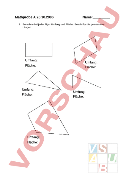 Arbeitsblatt: Mathtest LU 8 7. Klasse - Geometrie - Flächen