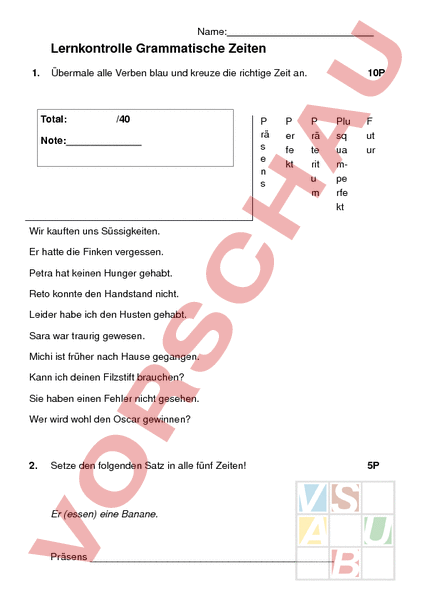 Arbeitsblatt: Prüfung Grammatische Zeiten - Deutsch - Grammatik