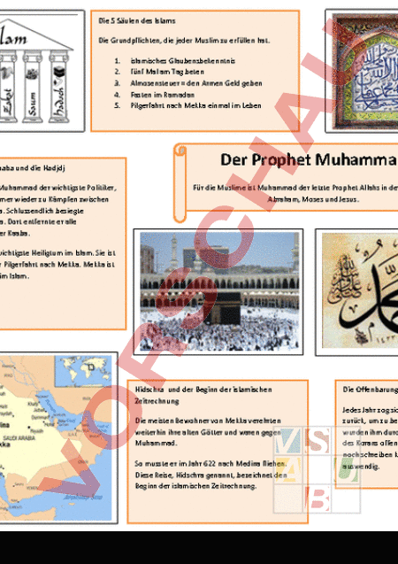 Arbeitsblatt: Übersicht Mohammed - Lebenskunde - Religionslehre / Bibel