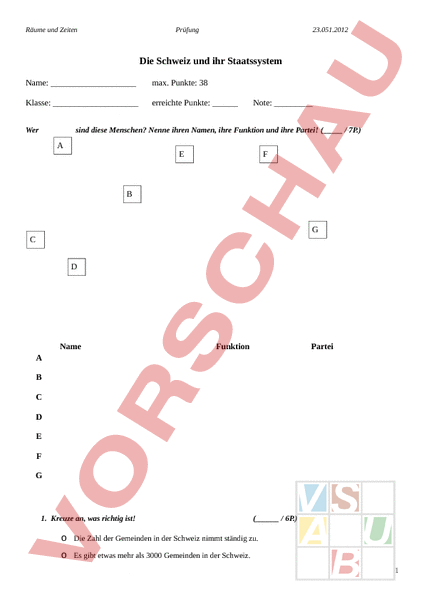 Arbeitsblatt: Prüfung Staatskunde Teil 1 - Geschichte - Politik