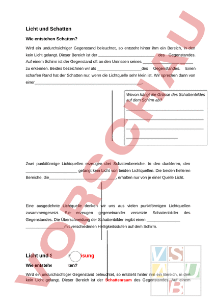 Arbeitsblatt: Licht und Schatten - Physik - Optik