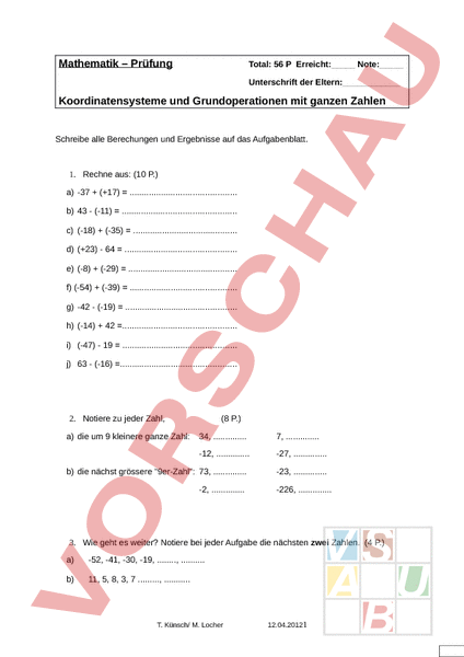 Arbeitsblatt: Prüfung - Negative Zahlen Und Koordinatensysteme ...
