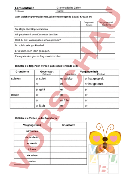 Arbeitsblatt: Lernkontrolle Grammatische Zeiten - Deutsch - Grammatik