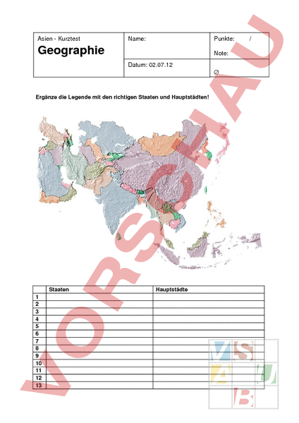 Arbeitsblatt: Asien Ländertest - Geographie - Asien