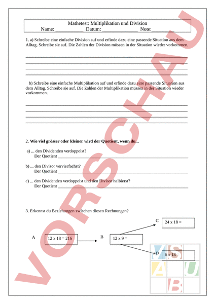 Arbeitsblatt: Mathetest zur Multiplikation und Division - Mathematik