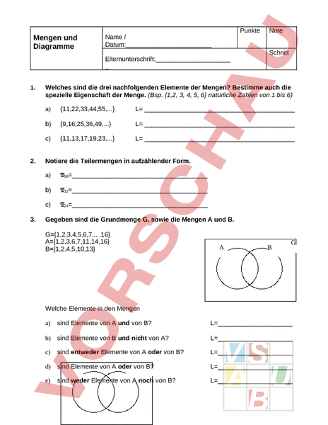 Arbeitsblatt: Mengen - Mathematik - Mengenlehre