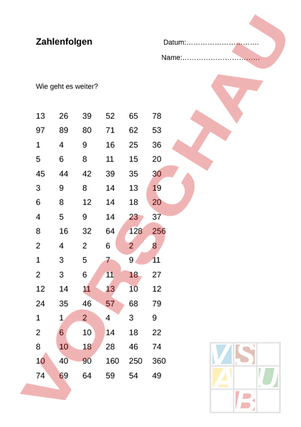 Arbeitsblatt: Zahlenfolgen - Mathematik - Addition
