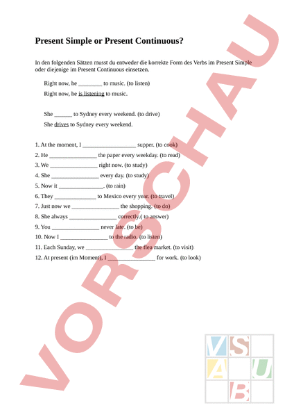 Present Simple Vs Present Continuous Arbeitsblatt