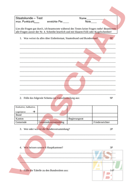 Arbeitsblatt: Staatskunde Test - Geschichte - Schweizer Geschichte