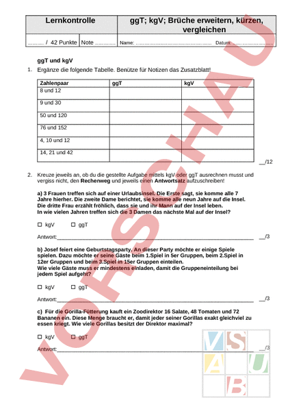 Arbeitsblatt: Lernkontrolle Kgv Ggt Und Brüche - Mathematik - Brüche ...