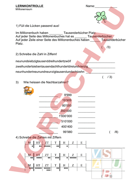 Arbeitsblatt: Lernkontrolle Millionenraum - Mathematik - Zahlensysteme