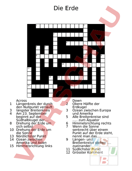 Arbeitsblatt: Kreuzworträtsel Übersicht Erde - Geographie - Gemischte