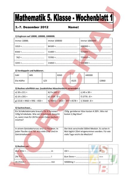 Arbeitsblatt: Wochenblatt 5. Klasse - Mathematik - Gemischte Themen