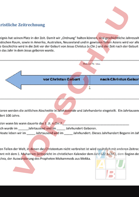 Arbeitsblatt: die christliche Zeitrechnung - Geschichte - Gemischte Themen