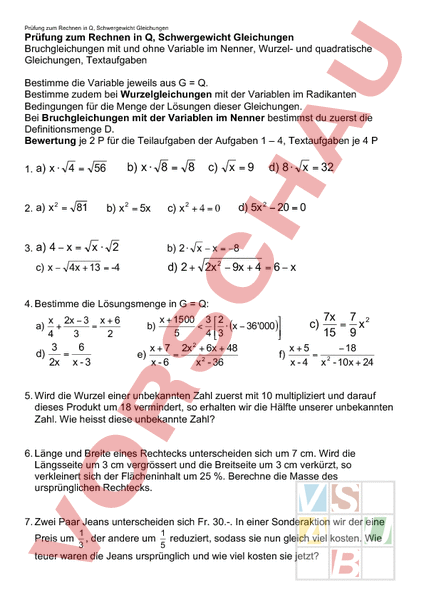 Arbeitsblatt: Rechnen in Q - Mathematik - Gleichungen / Ungleichungen