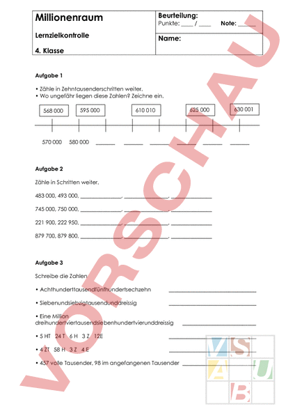 Arbeitsblatt: Orientierung Millionenraum Lernzielkontrolle - Mathematik ...