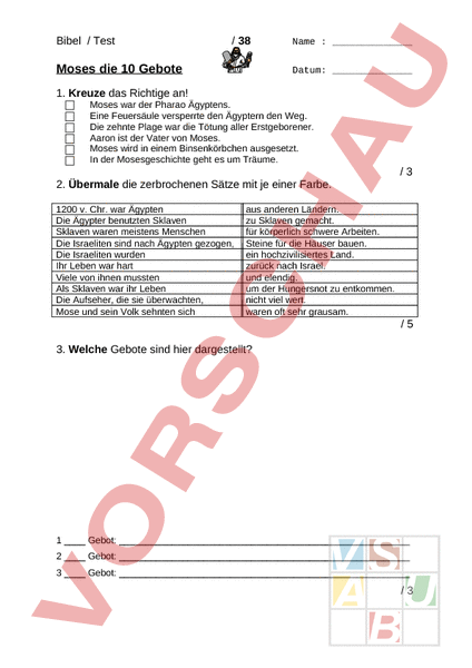Arbeitsblatt: Moses 2. Teil - Lebenskunde - Religionslehre / Bibel