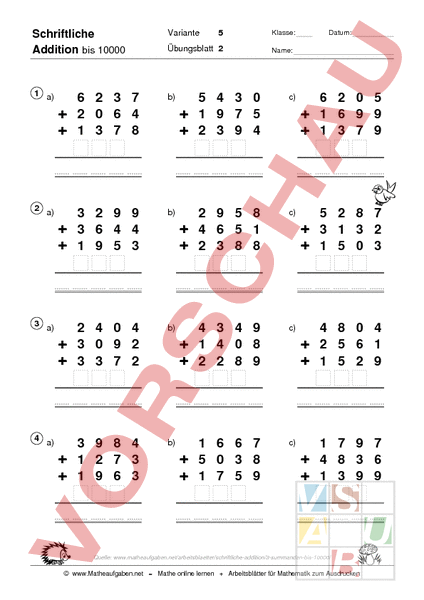 Arbeitsblatt: Schriftliche Addition - Mathematik - Addition