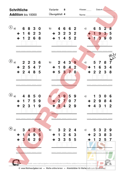 Arbeitsblatt: Schriftliche Addition - Mathematik - Addition