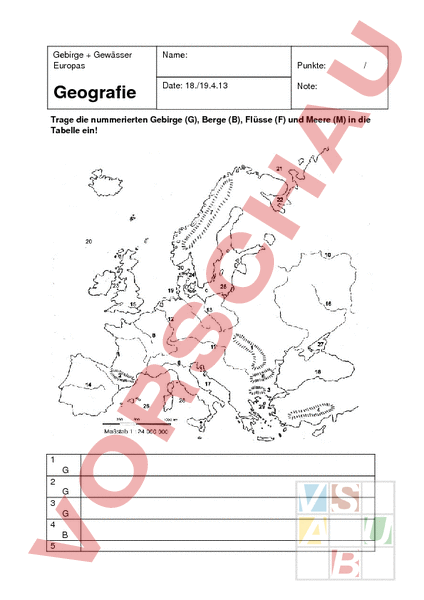 Arbeitsblatt: GG Prüfung Gebirge Und Gewässer Europas - Geographie - Europa