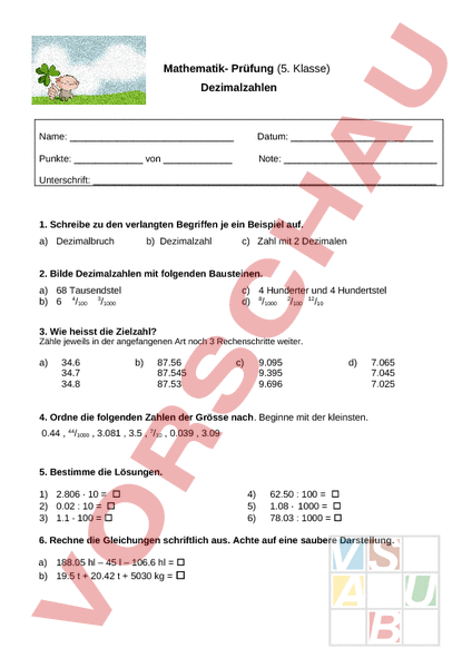 Arbeitsblatt: Dezimalzahlen - Mathematik - Brüche / Dezimalzahlen