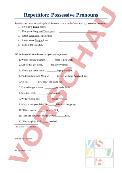 Possessivpronomen Englisch Übungen Arbeitsblätter
 Arbeitsblatt Possessive Pronouns worksheet Englisch Grammatik