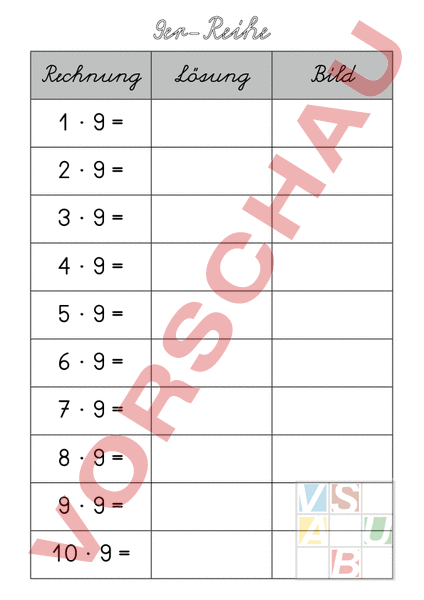 9er Reihe Arbeitsblatt
 Arbeitsblatt 9er Reihe Mathematik Multiplikation