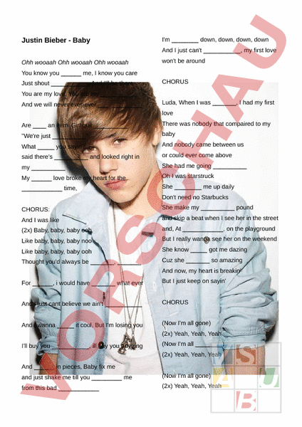 Arbeitsblatt Fill The Gaps Lyrics Baby Justin Bieber Englisch Wortschatz