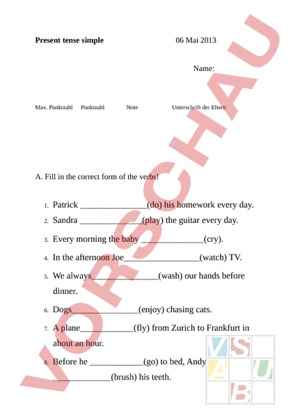 Arbeitsblatt: English Test Present Simple - Englisch - Grammatik