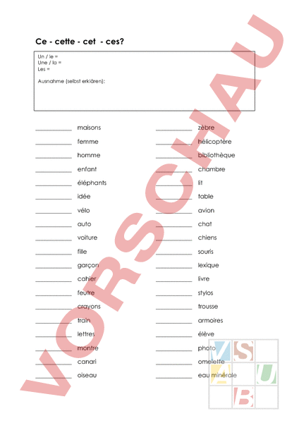 Arbeitsblatt: ce / cette / ces / cet - Französisch - Grammatik