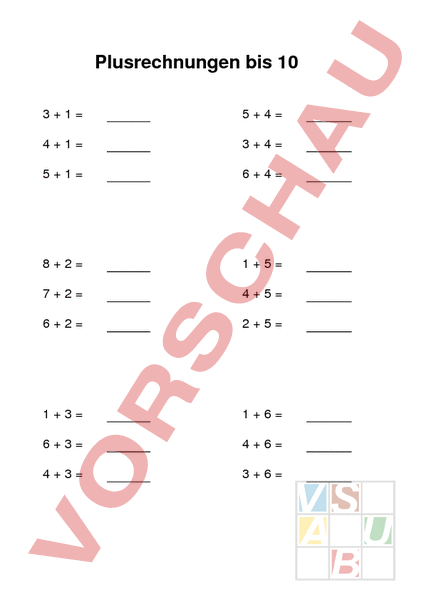 Arbeitsblatt: Plusrechnen Bis 10 - Mathematik - Addition