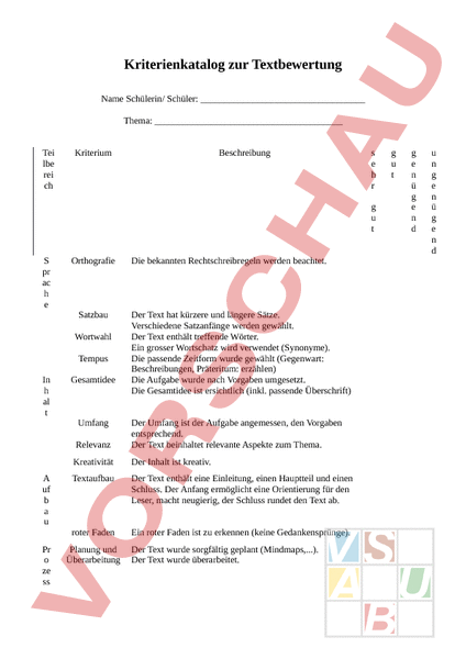 Arbeitsblatt: Bewertungsraster Aufsätze - Deutsch - Texte Schreiben