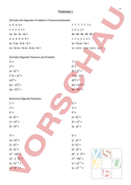 Potenzen Arbeitsblatt
 Arbeitsblatt Potenzen Mathematik Multiplikation