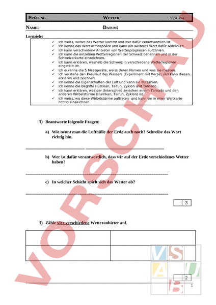 Arbeitsblatt Prufung Wetter Geographie Schweiz