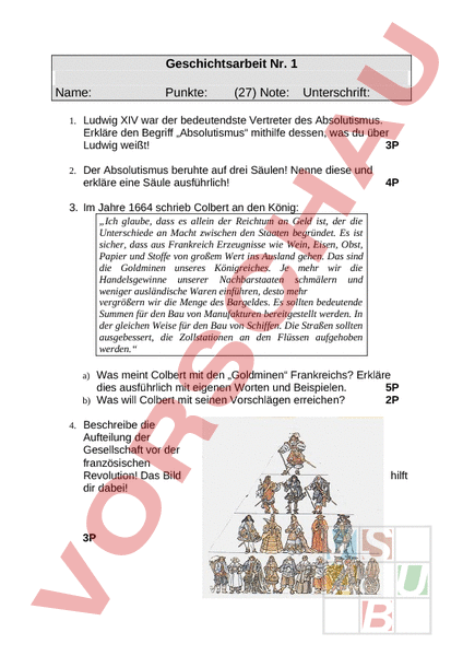 Arbeitsblatt Klassenarbeit Absolutismus And Franz Revolution Geschichte Neuzeit 