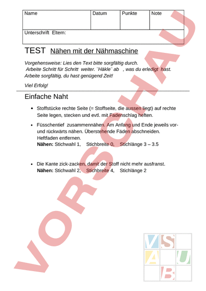 Arbeitsblatt: Test: Naht und Saum nähen - Werken / Handarbeit - Textil