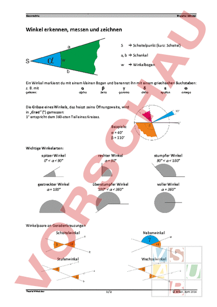 Arbeitsblatt: Winkel Theorie - Geometrie - Winkel