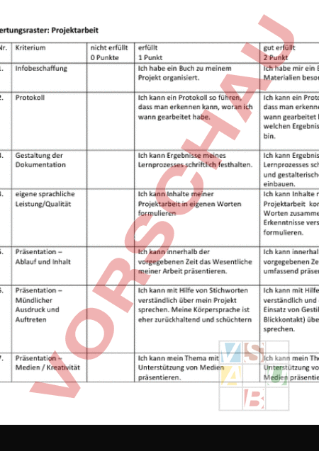 Arbeitsblatt: Bewertungsraster Projektarbeit - Diverses ...