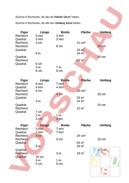 Arbeitsblatt Fl Che Und Umfang Tabelle Geometrie Fl Chen