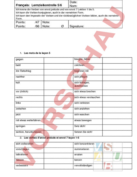 Arbeitsblatt Verbenkonjugationen envol prélude envol unité Französisch Grammatik