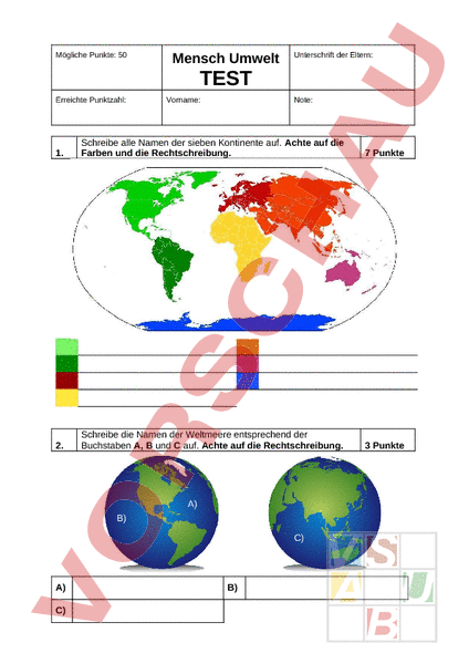 Arbeitsblatt: Test Zur Weltkarte - Geographie - Gemischte Themen