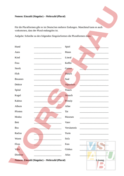 Arbeitsblatt: Nomen Singular Und Plural - Deutsch - Grammatik