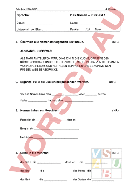 Arbeitsblatt Nomen Kurztest Deutsch Grammatik